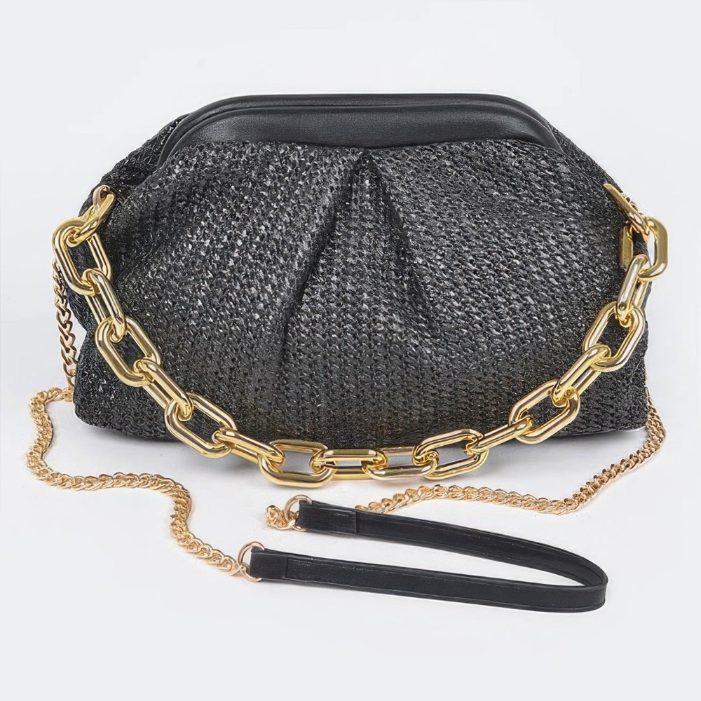 Faux Straw Frame Bag W/link Chain